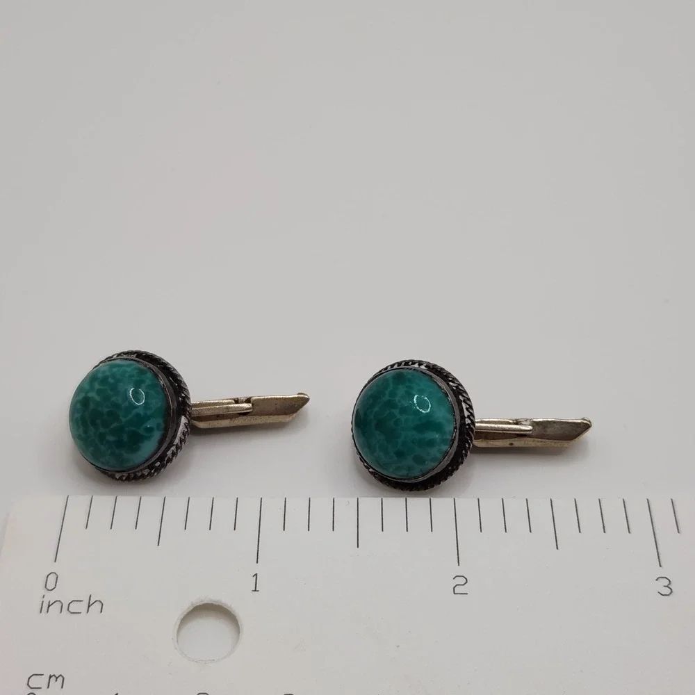 Vintage Alpaca Silver Green Peking Glass Cabochon Cufflinks Mexico Southwest